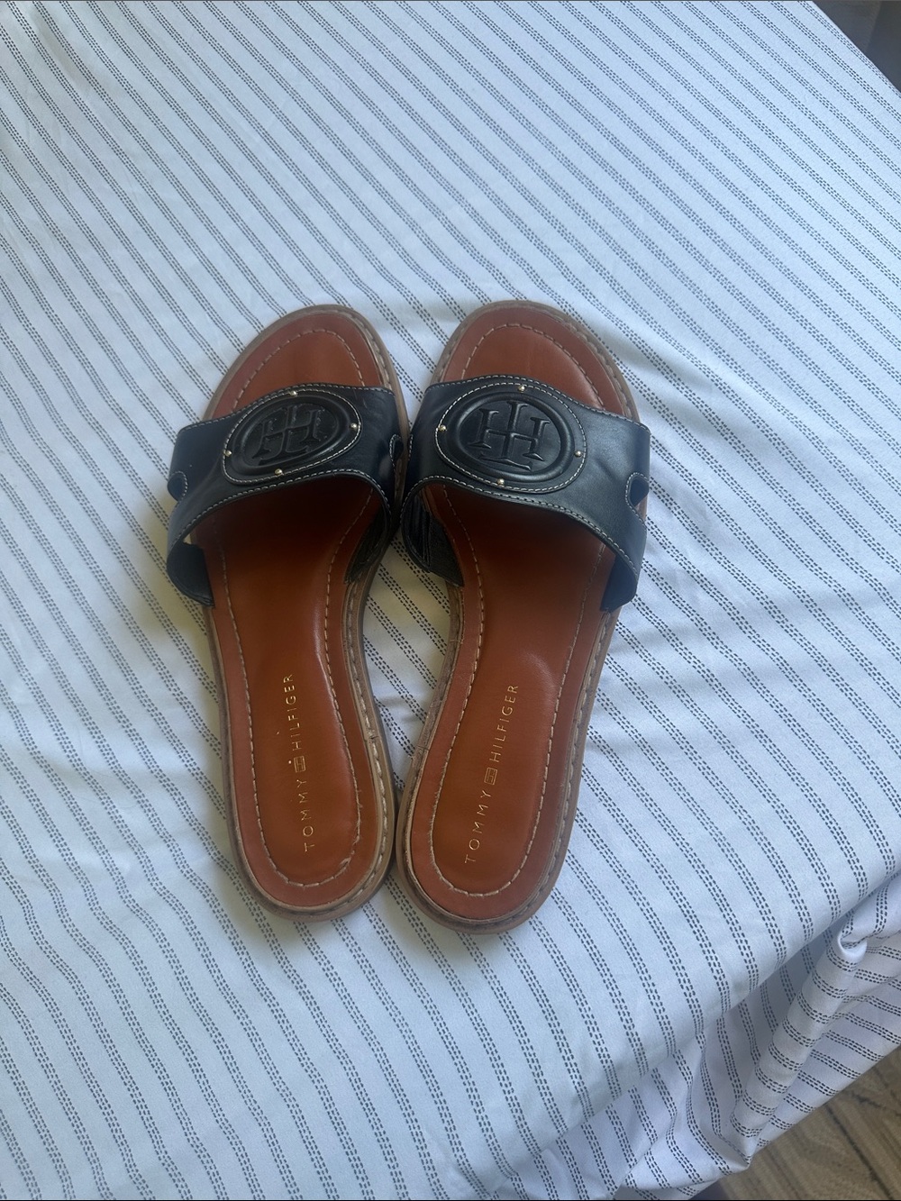 Tommy Hilfiger Black Leather Slide Mules with Brown Footbed
